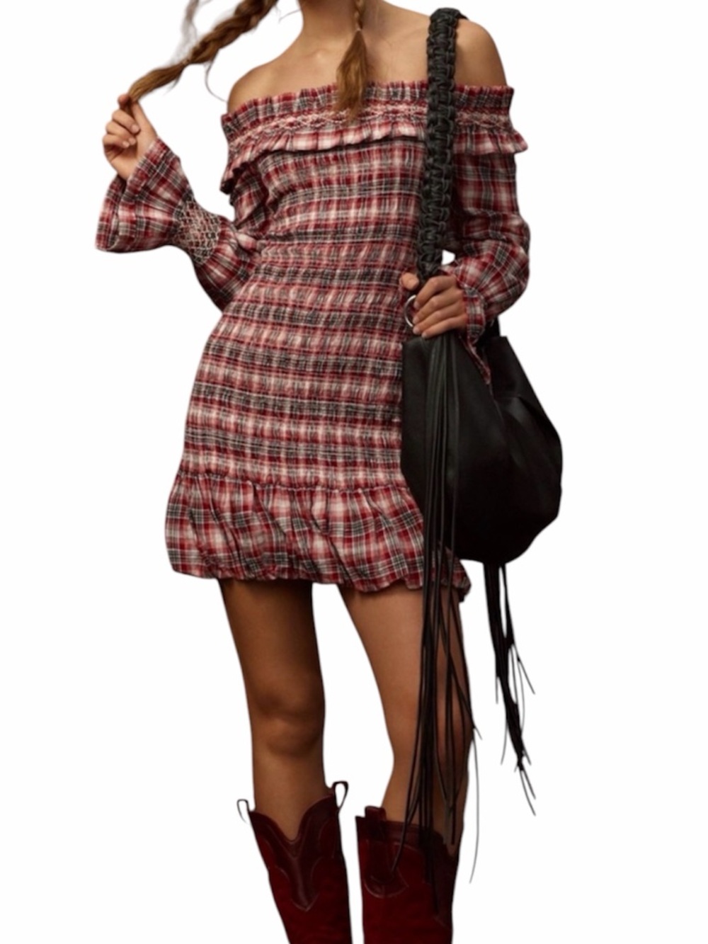 Anthropologie Dress Pilcro Smocked Plaid Mini Red Blue Western SIZE MEDIUM NEW